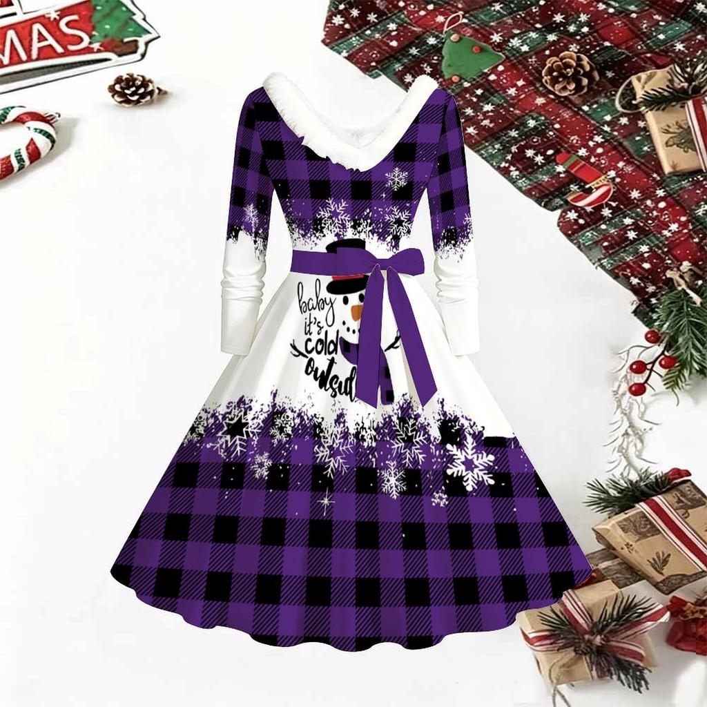 Women Christmas Print Midi Dress, Long Sleeve V‑Neck Furry Trim A‑Line Party Dress, Christmas Limited Edition