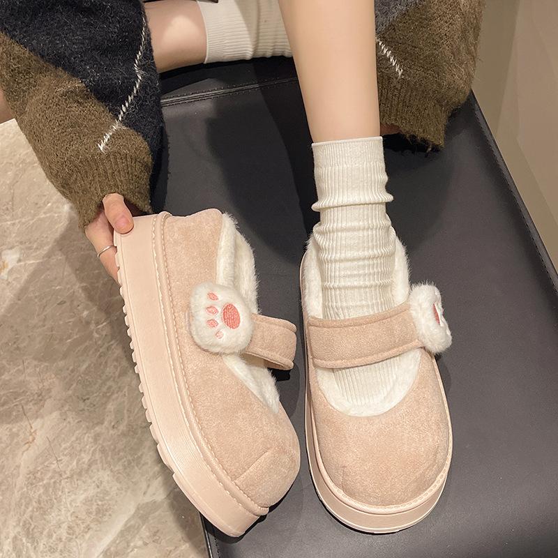 Cute Cat Paw Cotton Snow Boots Shoes With Winter Velvet Thick Sole Indoor Outdoor Shoes ForWarm Round Toe Ankle Boots