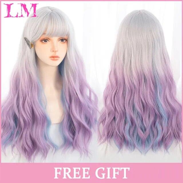 

LM Косплей Парик С Челкой Синтетические Прямые Волосы 24 Дюйма Длинный Жаропрочный Розовый Парик Для Женщин A12