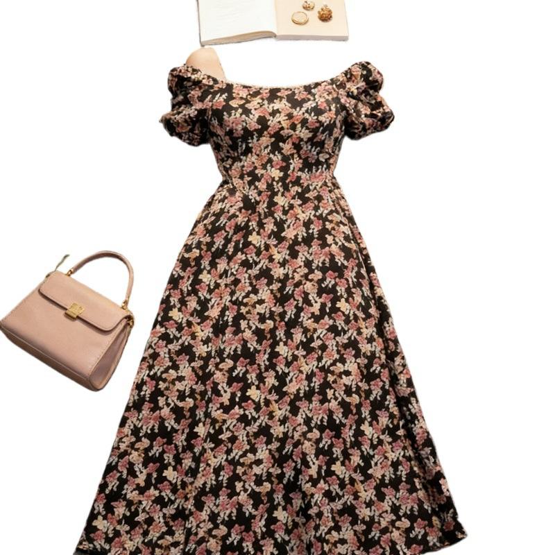Sweet romantic floral dress women's summer new pearl square neck bubble sleeve slit dress