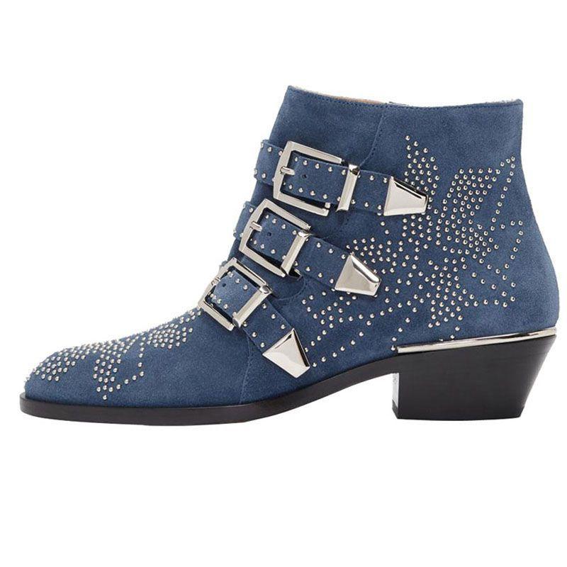 Fashion Brand Catwalk Rivet Cow Leather Short Boots Autumn Winter Retro Large35-45 Ankle Boots4cm Thick Heel Rock Night Club Women Shoes