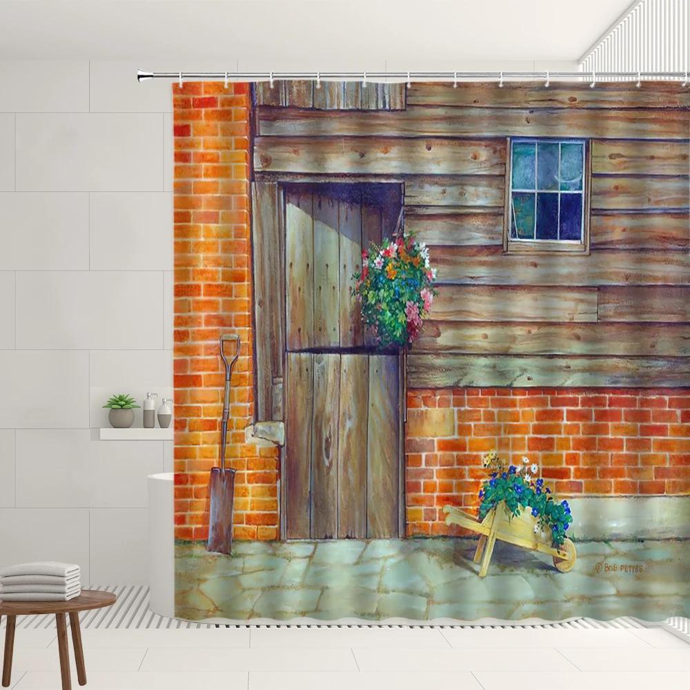 European Town Scenery Shower Curtain Set Street Flower Window Green Vine Retro Old Door And Window Pattern Bathroom Decor Screen