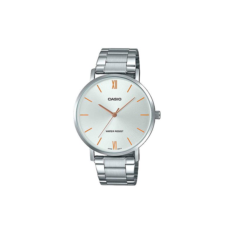 

Casio STANDARD series simple fashion trend business casual classic pointer Roman scale large dial quartz movement stainless steel strap MTP-VT01D-7B білий
