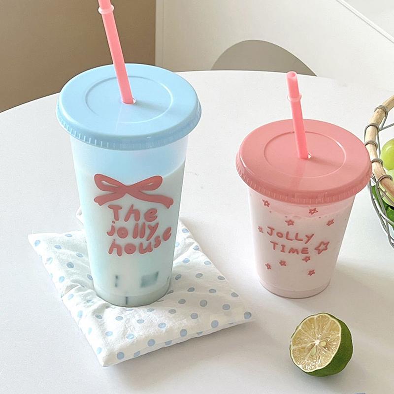 1Pc Ins Portable Reusable Drinking Bottle Kawaii Water Bottle For Coffee Juice Milk Tea Cute Plastic Cold Cups With Straw Lid