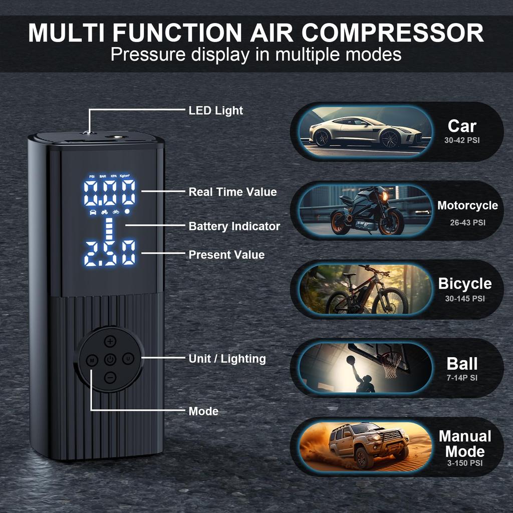 25000mAh Car Air Compressor Portable Tire Air Pump 150PSI LCD Digital Display Electric Airpump with Lamp for Balls Motorcycles