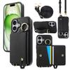For iphone 16 15 14 Plus 16E Case PU Leather Wallet Bag Grip Strap Holder Neck Shoulder Long Crossbody Lanyard Ring Clasp Cover