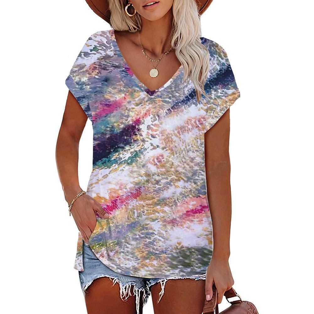 Women's T-shirt 3D Pattern Printed Casual Short Sleeved V-Neck Top Fashionable Street Women's Clothing