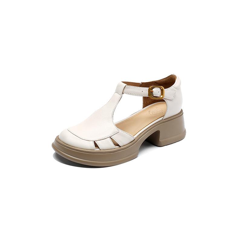 Hollow Thick-soled Bag Head Sandals Women's 2025 Summer New Round Head Middle Heel T-shaped Shoes Versatile Retro Pig Cage Shoes