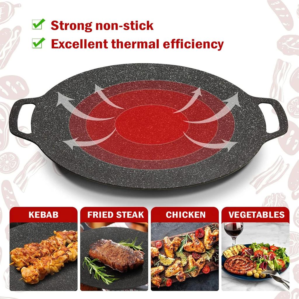Leeseph Korean BBQ Grill Pan Round Griddle Pan for Gas Open Fire Camping Home Outdoor Stoves Circular Multiple Sizes Black