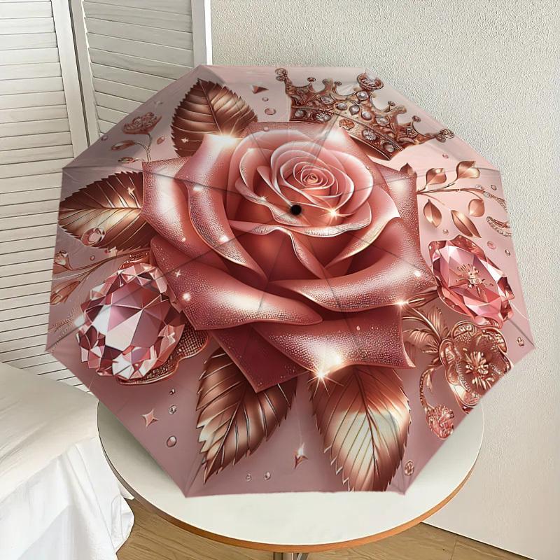 1PC Crown Rose Umbrella-9-Rib Reinforced, Automatic Open, Lightweight & Durable, Cute Fashion Accessory for Outdoor-P0719