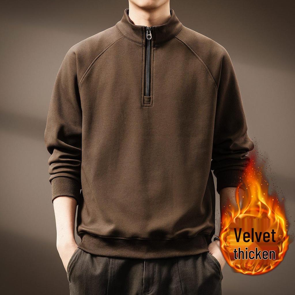 Men's Retro Half-Zip Heavyweight Hoodie - Winter Velvet, Loose Fit, Stand Collar, Large Size.