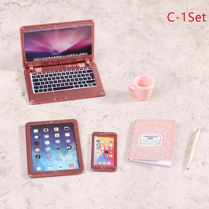 1:12 Dollhouse Miniature Laptop Phone Tablet Desk Lamp Book Desk Set Decor Toy