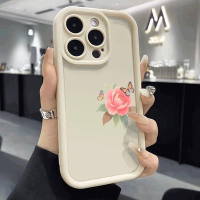 Pink Flower & Butterflies On Side Soft TPU Phone Case for iPhone 16 15 14 13 12 11 Pro Max Plus Shockproof Anti-Slip Cover