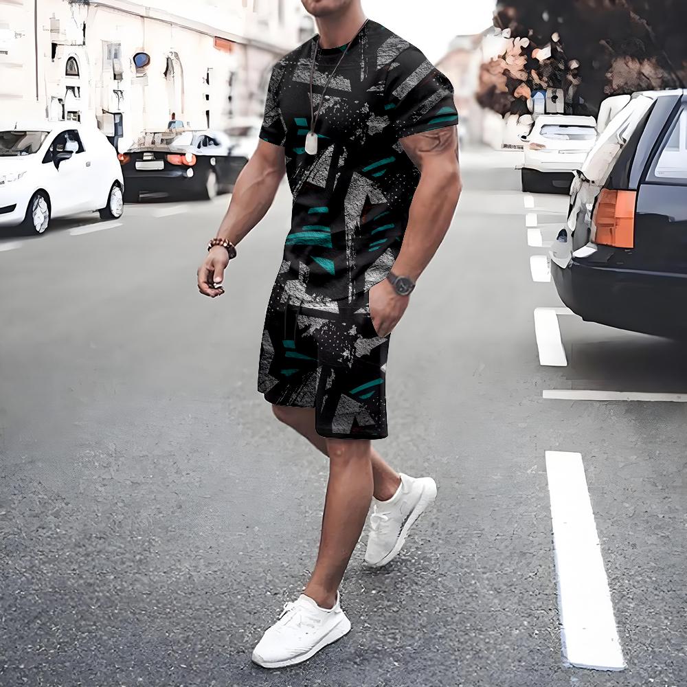 Irregular Geometric Print Short Sleeve And Shorts Set Fashion Men's T-shirt Shorts 2-piece Set Quick-dry Breathable Mesh T Shirt