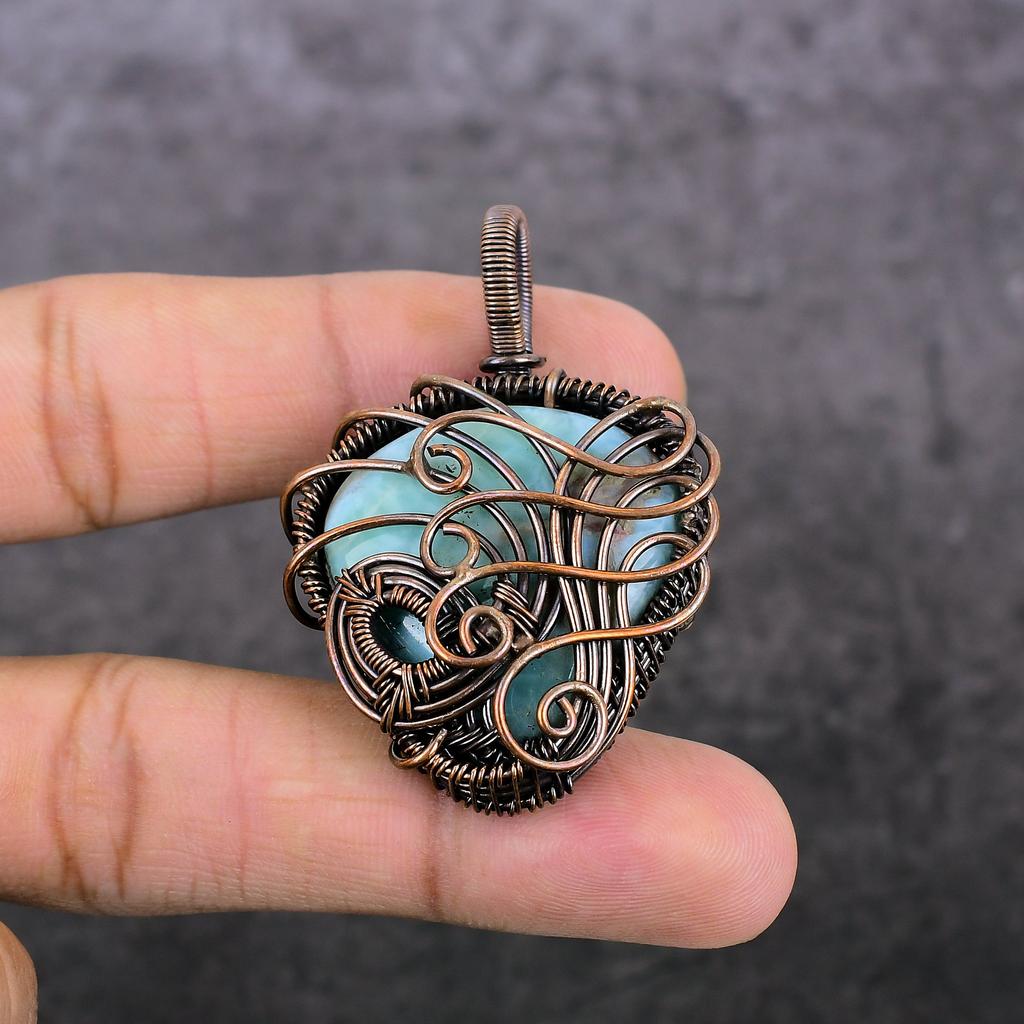 Larimar Handmade Copper Wire Wrap Jewelry Pendant 2.05" U4j06