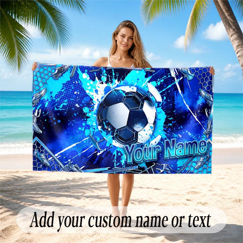 Soccer Theme Beach Towel Personalized Custom Name & Text Soft Quick Dry Beach Towel for Swimming Travel