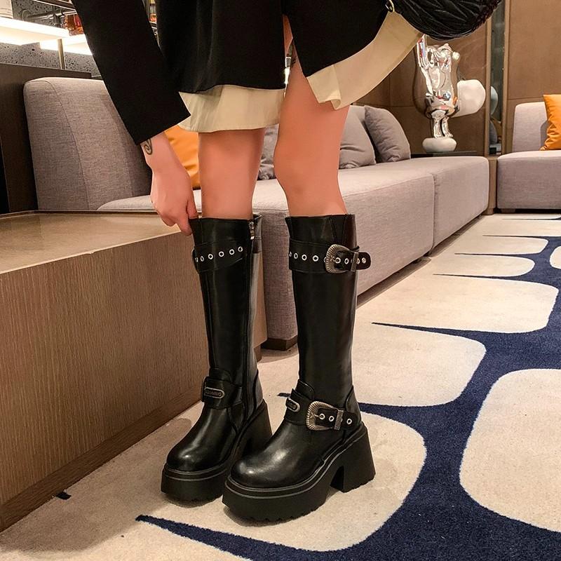Fashion Women's Thick Heel Cotton Boots New Winter Round Head Side Zipper Rivet Metal Belt Buckle Thick Sole Non-slip Boots