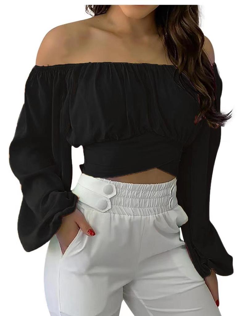 2025 Women's Off-the-Shoulder Lace-Up Long-Sleeve Top - Spring/Summer Trend