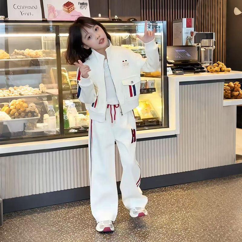 Girls' 2026 Autumn Color Block Top & Striped Cardigan Sportswear Set