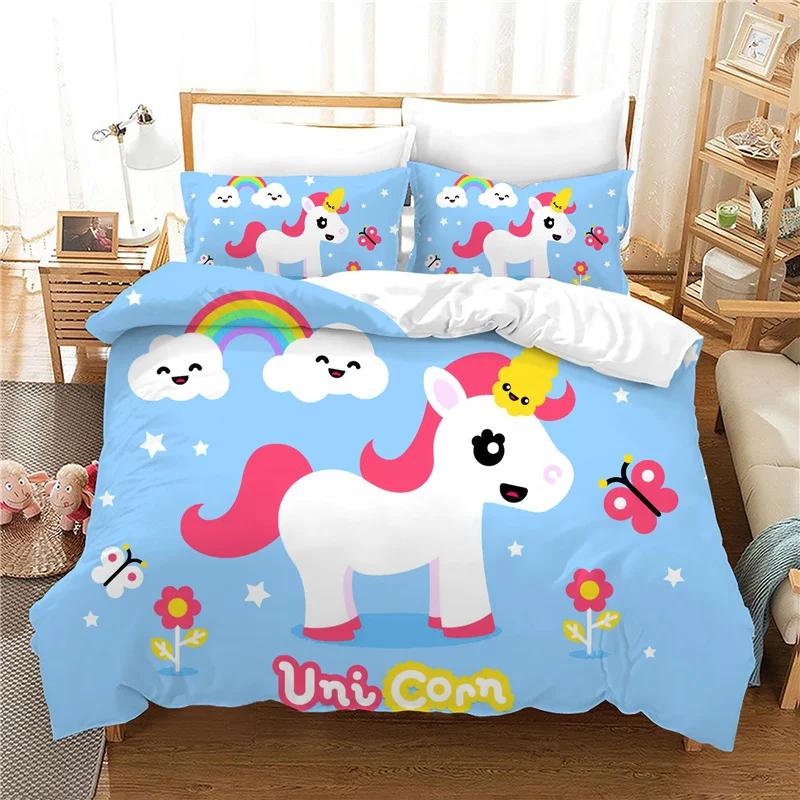 Lovely Unicorn Bedding Set For Kids Winter Duvet Cover Sets Blue Pink Cartoon Boy Girl Bed Linens 2/3 Pcs Ropa De Cama Cartoon