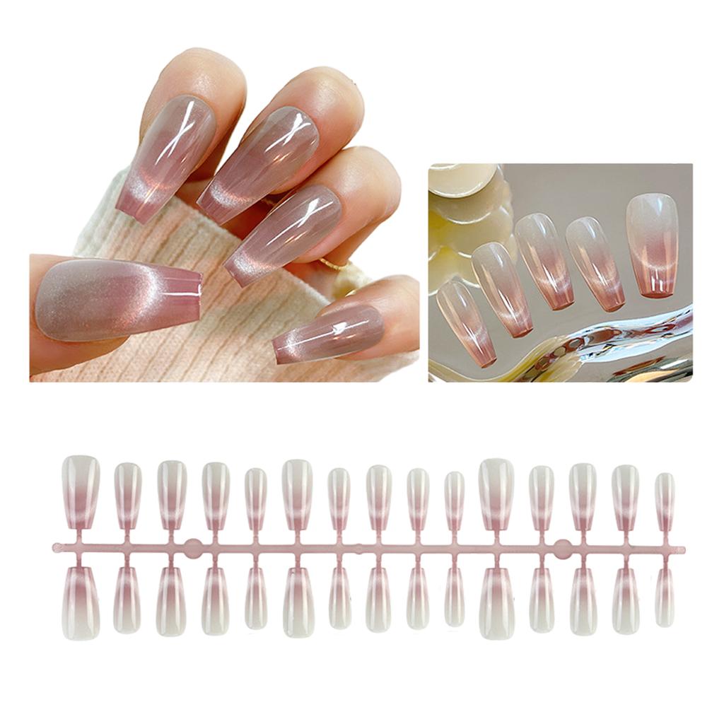 30Pcs Glossy Press On Nails Long Coffin Gradient Fake Nails Cat Eye False Nails Stick On Nails Glitter Acrylic Nails