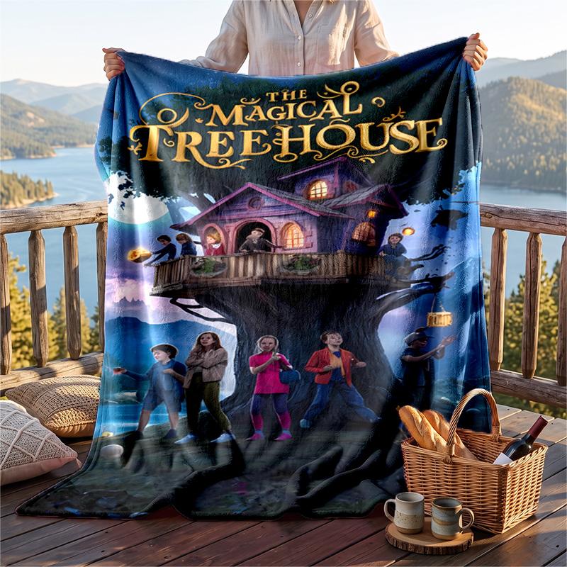Warm Flannel Blanket The Magic Treehouse Pattern, Lightweight Comfortable Throw Blanket for Bed Sofa Use