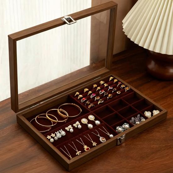 Ring-Aufbewahrungsbox, Langlebiges Holz mit unterteiltem Design, Weiches Samt-Innenfutter, Mehrgitter-Schmuckorganizer, für Ringe Armbänder Ohrringe