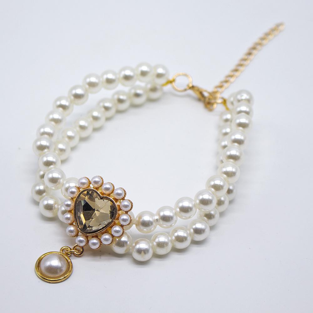 Cross-Border Pet Pearl Gemstone Collar: Double-Layer Cat Dog Necklace with Princess Pendant