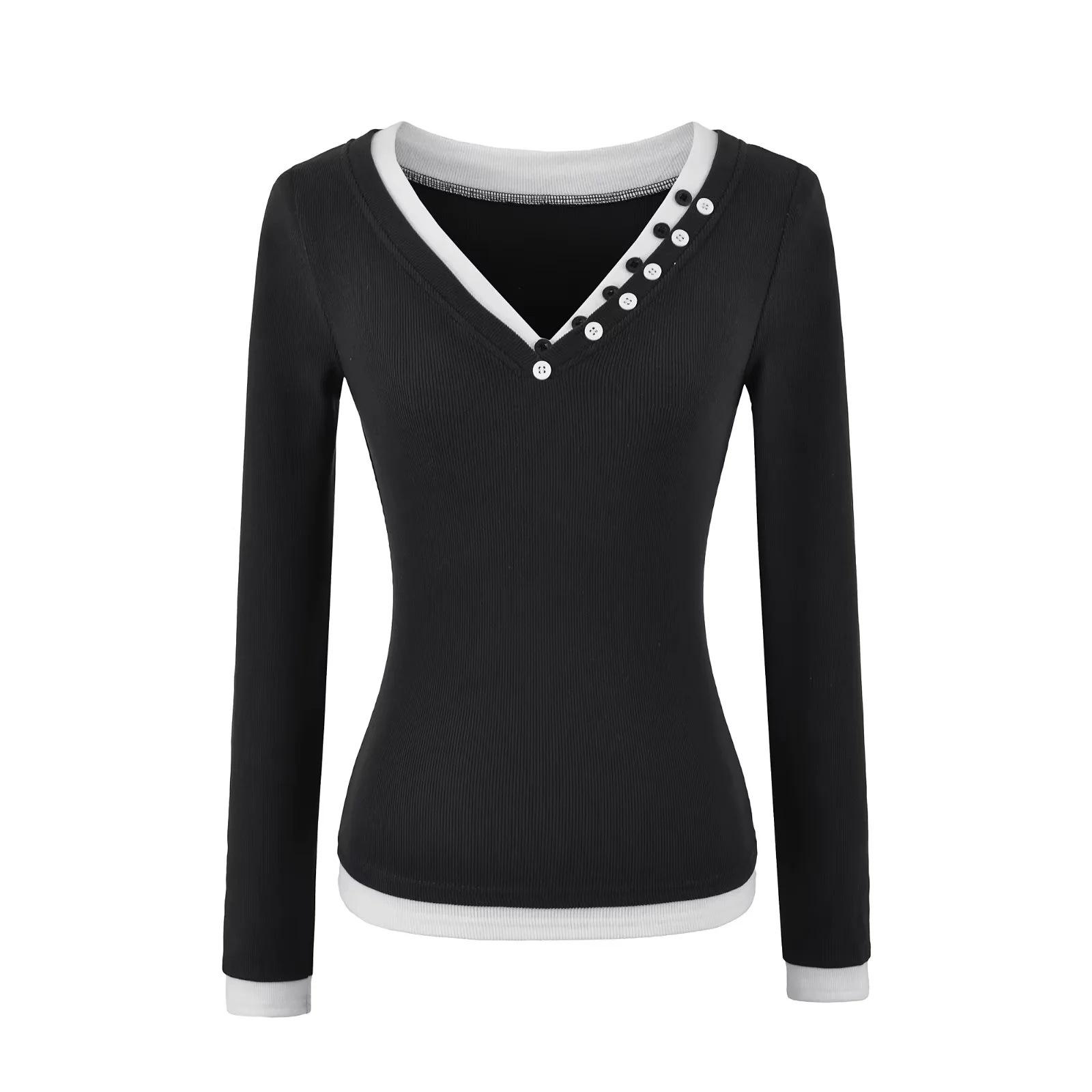 

Spring/Autumn 2026 Women s V-neck Slim Fit Color Block Knit Top with Button Detail and Long Sleeves Medium