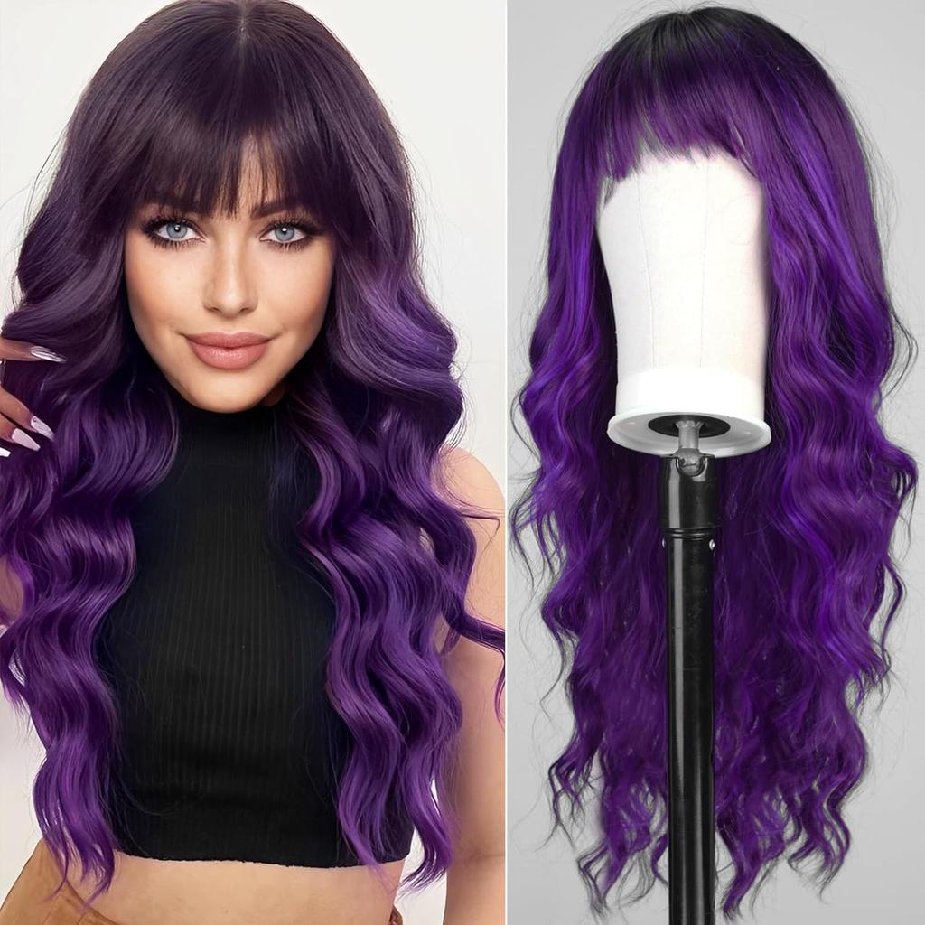 Cross-Border Water Wave Wigs European American Women's Fashionable Synthetic Hair Wig Brown Gradient Color Bangs Long Curly Hair