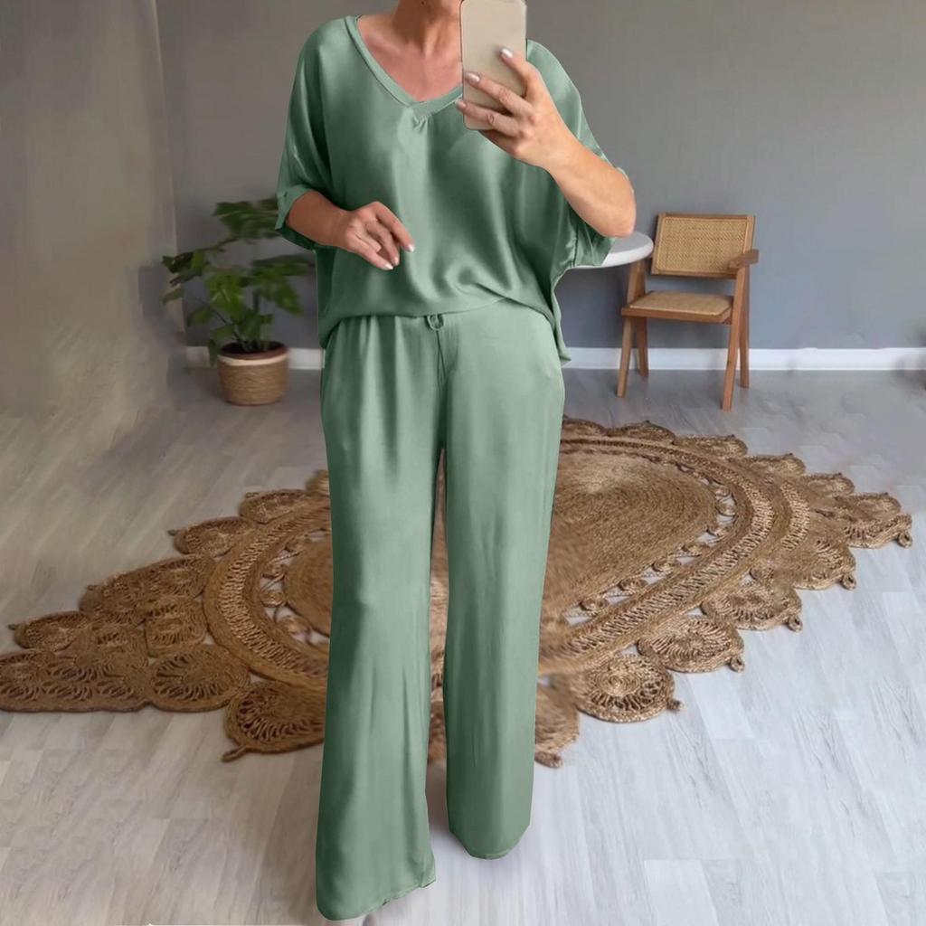 Women's Loose V-Neck Pullover Casual Short Sleeve Long Pants Fashion Suit