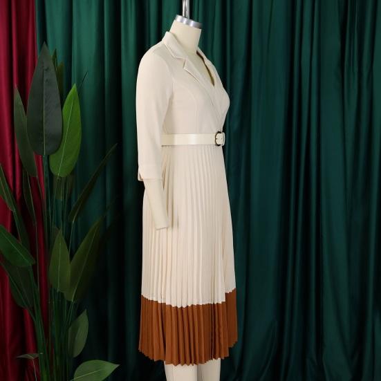 Women's Long Sleeve Blazer Dress V Neck Notched Lapel Pleated Swing Midi Dress Business Office Work Dress with Belt