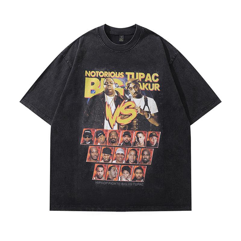 American Retro Trendy Brand Hip-Hop Portrait Print Washed Old Short-Sleeved T-Shirt Men'S And Women'S Vintage Half-Sleeved Top