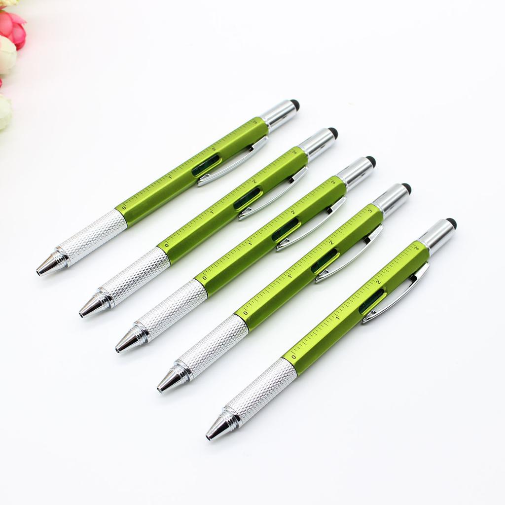 Multi-function Tool Pen Spirit Level Scale Touch Screen 6 in1 Metal 1.0mm Ballpoint Pen Multifunctional Metal Pen Screwdriver Black Ink