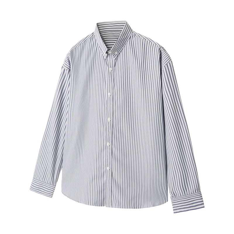 Blaexit American Miu Style Preppy Blue Striped Long-Sleeve Shirt for Men, Loose Casual Cleanfit Shirt
