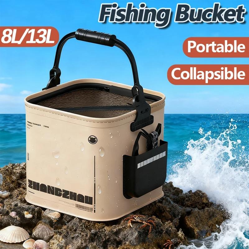 Balde de 13L/8L à Prova d'Água Multifuncional Dobrável com Tampa de Fechamento com Zíper Balde para Iscas Vivas Recipiente para Peixes para Pesca e Armazenamento de Iscas