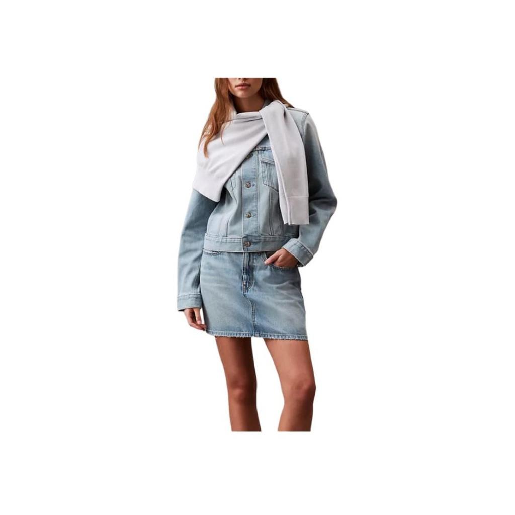 Calvin Klein Solid Color Lapel Single-Breasted Long Sleeve Denim Jacket Women jackets Medium-Blue 40730WP-400