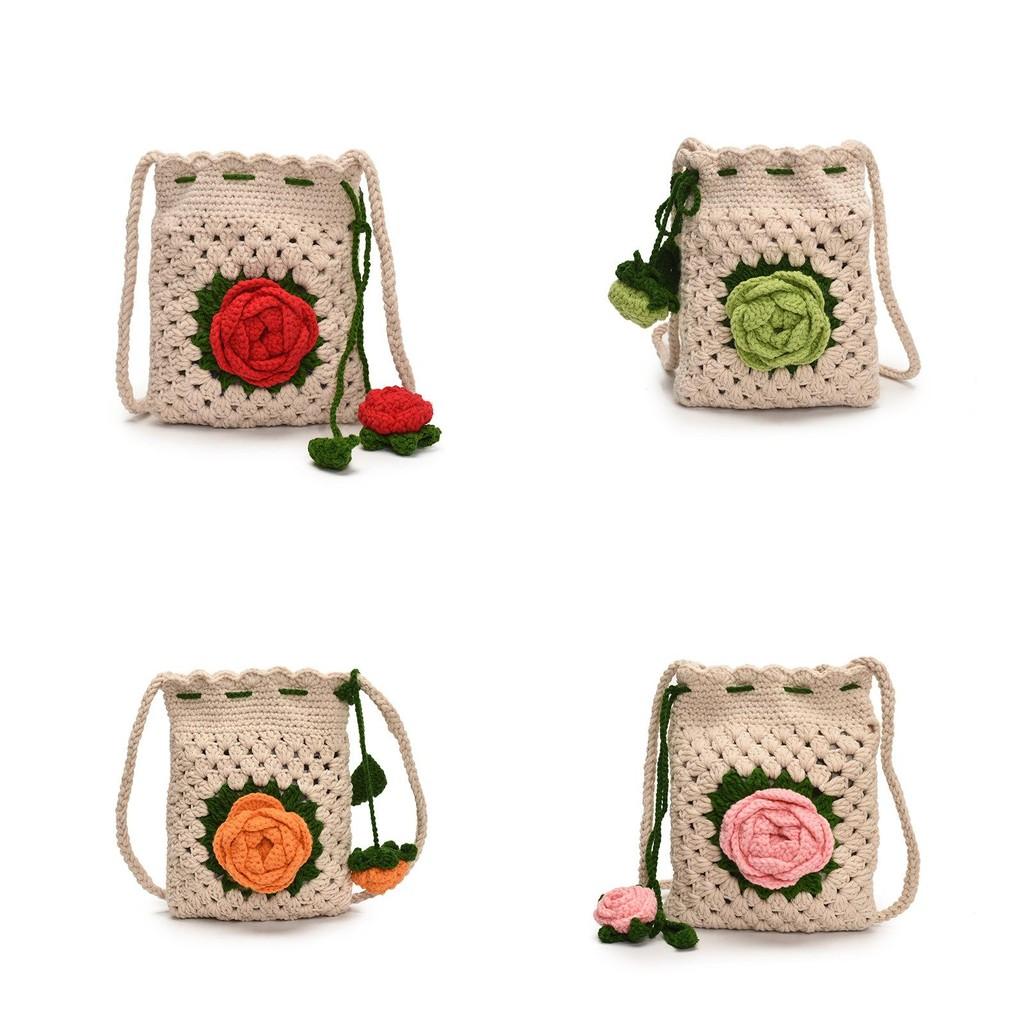 Cute Knitted Water Bucket Bag With Drawstring And Rose Design For Daily Casual Women