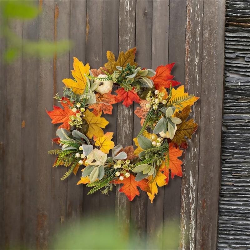 Artificial Wreath with Pumpkins Thanksgiving Wreath for Front Door, Window, Farmhouses, Indoor and Outdoor Decorations