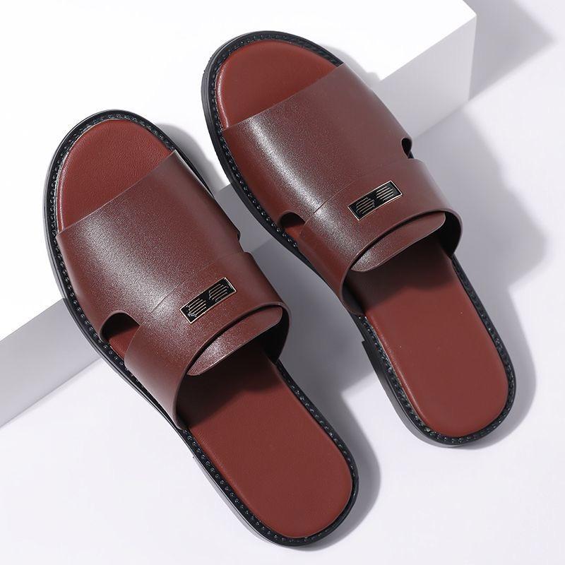 Herren Schwarz Leder Hausschuhe Einfache flache Sandalen Sommer Braun Outdoor Römische Sandalen Outdoor Strandschuhe für Vater Übergröße