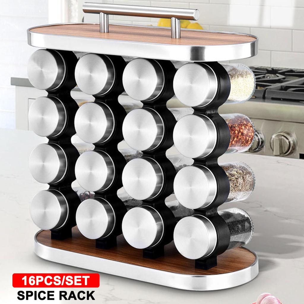 16Pcs Spice Jar Rack Kitchen Stainless Steel Condiment Set Cruet Condiment Bottle Coffee Sugar Seal Jar Container Rack 11.53x11.02in