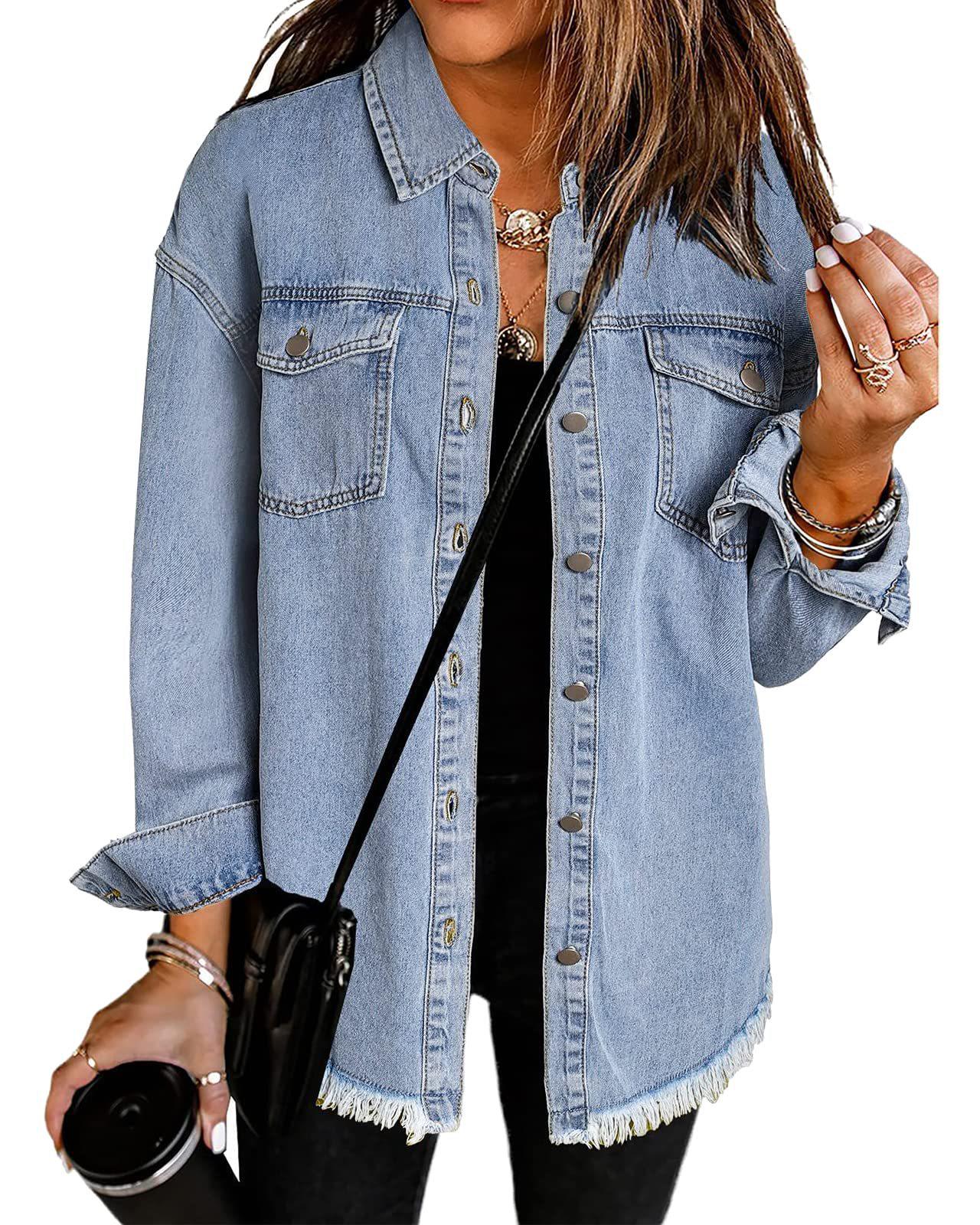 Women s Lightweight Fashion Denim Button-Up Shirt Jacket L светло-синий