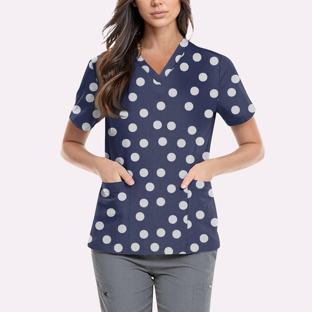 Women's Cute Printed Work Clothes V-neck Double Layer Pockets Basic Short Sleeve Top Pullover Valentines