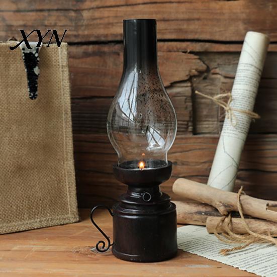 Smoked Glass Candle Holder Miniature Kerosene Lamp Resin Holder, Retro Oil Figurine with Broken Dot Shade & Carved Base, Tabletop Decor for