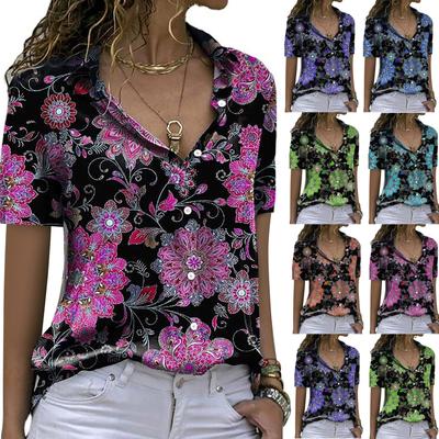 Women's Fashion Casual Printed Button Lapel Short Sleeve Shirt Tops Blouse