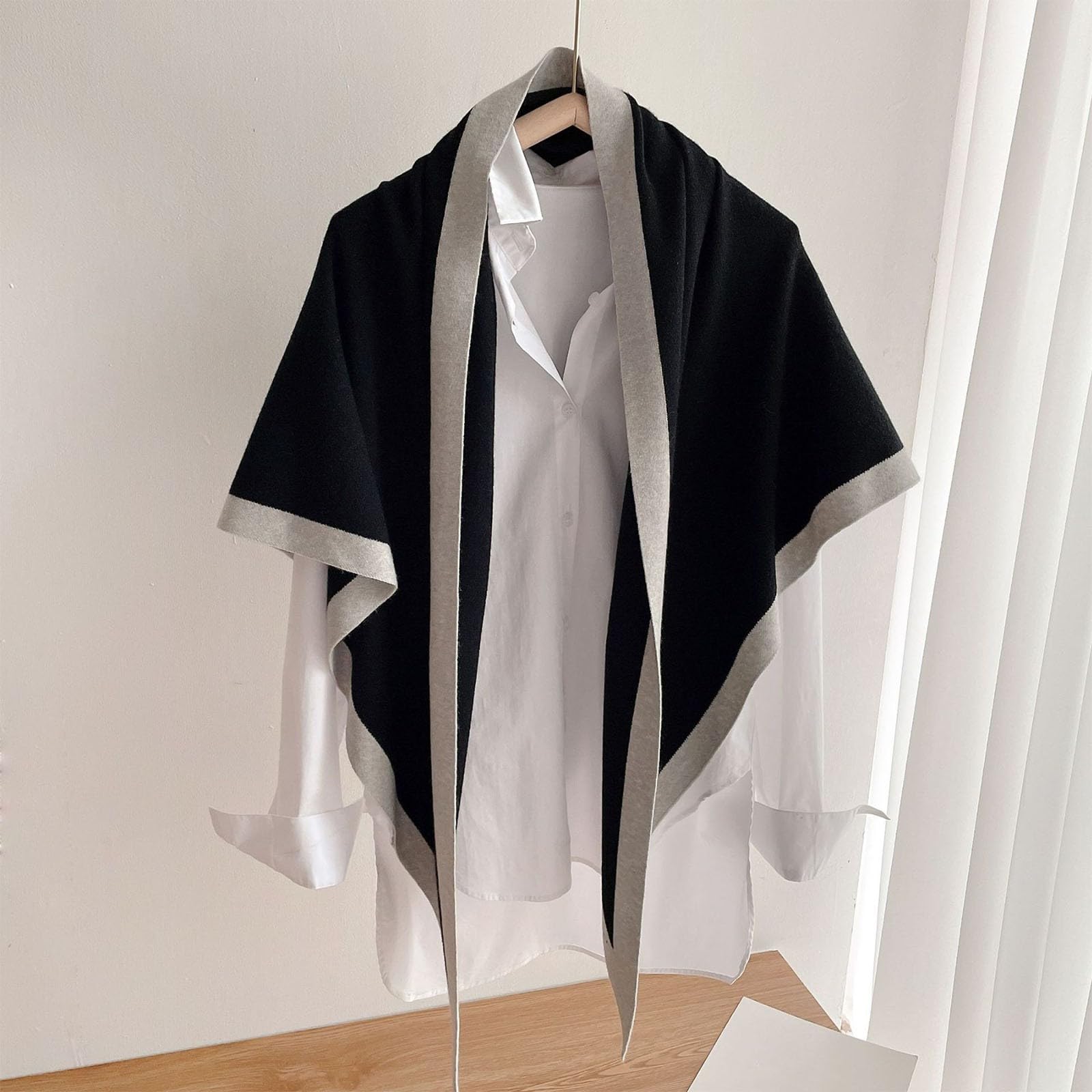 Shawl Double Sided Cashmere Knit Fashion Trendy Chic Ladies Scarf Two Tone Trim Versatile Stylish Elegant Modern Wrap Outerwear One Size чёрный