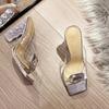 Square Head Transparent Word with Rhinestone Cool Slippers Women's 2025 Summer New Thick-heeled Crystal Shoes Sexy High-heeled Sandals