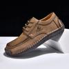 Men's Hand Stitched Casual Leather Shoes Vintage Lace Up Wide Toe Soft Sole Breathable Loafers British Style Driving Shoes