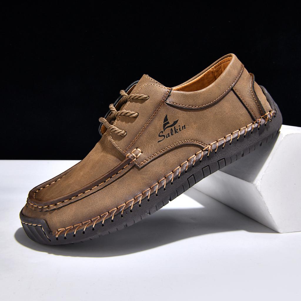 Men's Hand Stitched Casual Leather Shoes Vintage Lace Up Wide Toe Soft Sole Breathable Loafers British Style Driving Shoes
