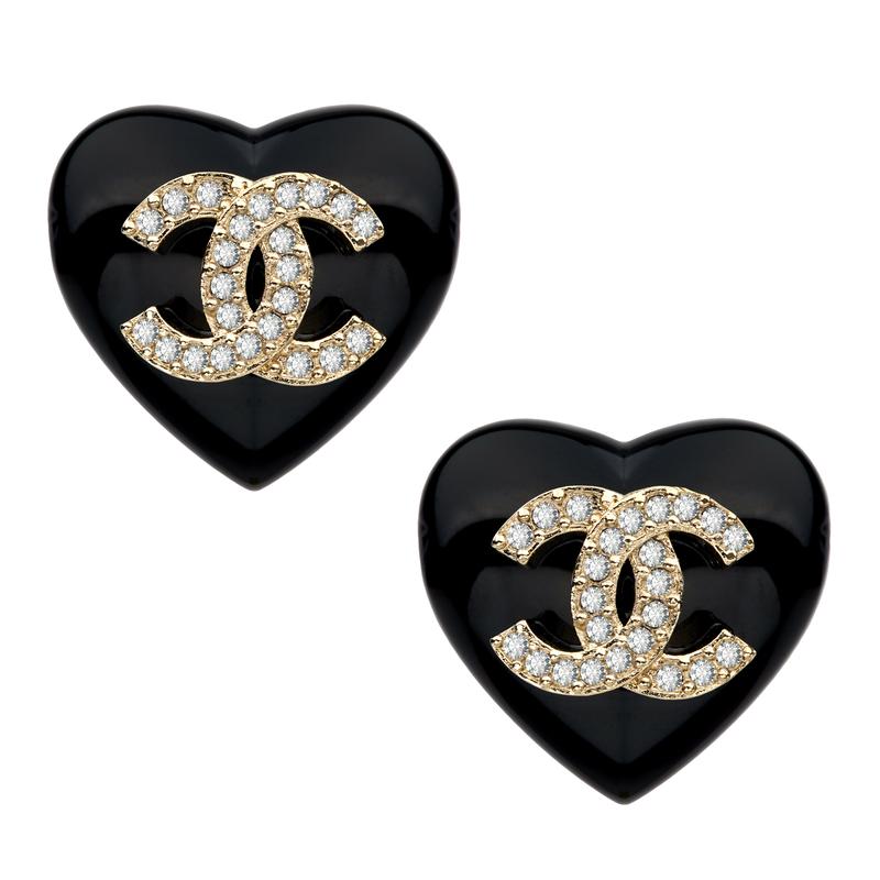 

CHANEL heart-shaped metal cubic zirconia/rhinestone earrings for women, black# чорний
